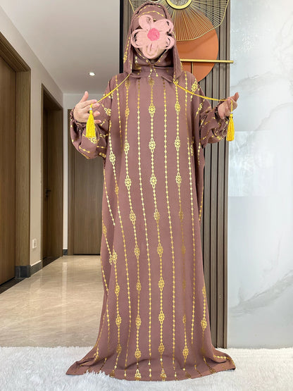 High Grade Cotton Fabric Ramadan Muslim Two-Hat Abaya Dubai Turkey Islam Prayer Clothes Gold Dust Dress Islam Women Dress Kaftan