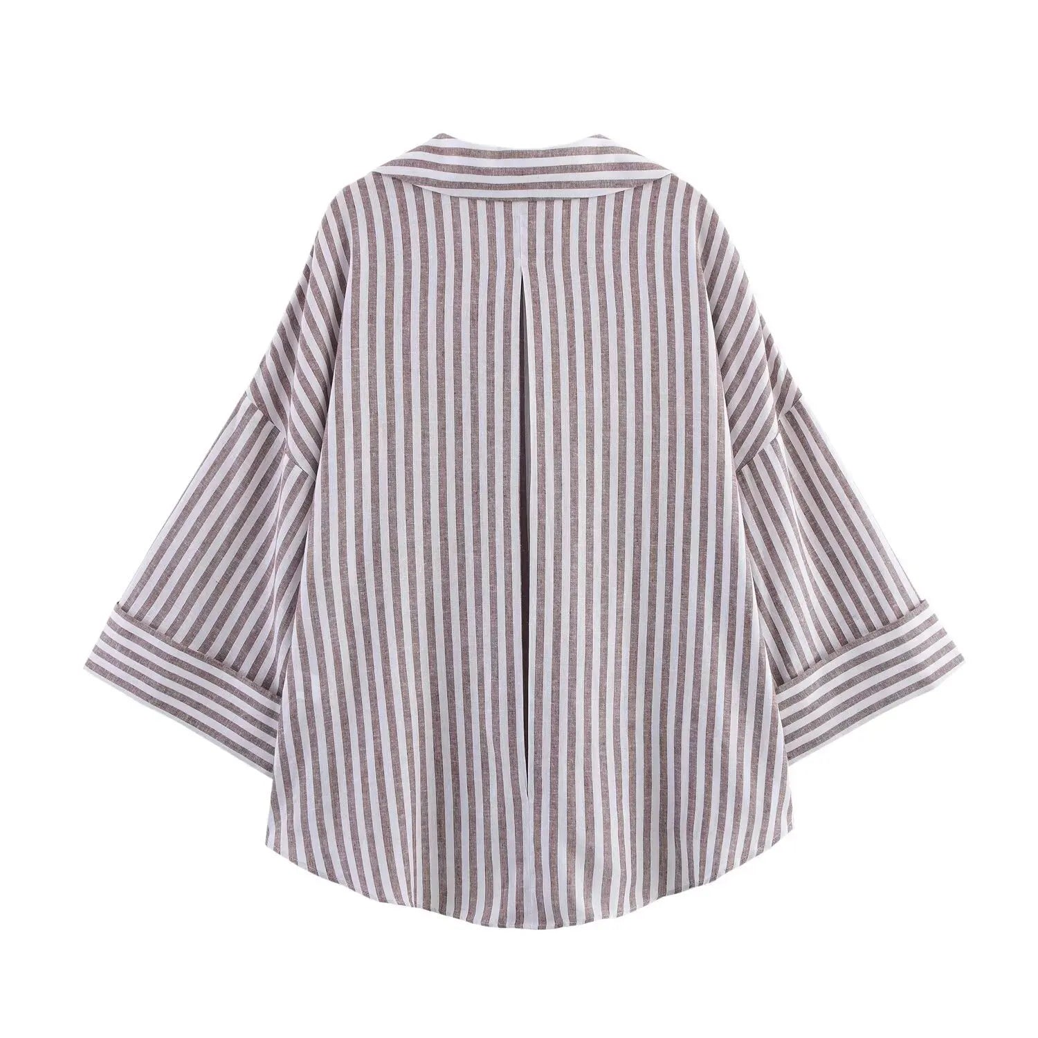 Summer Women's Curled Wide Sleeves Linen Blended Striped Asymmetric Casual Shirt Versatile Collar Linen Blended Printed Shirt.