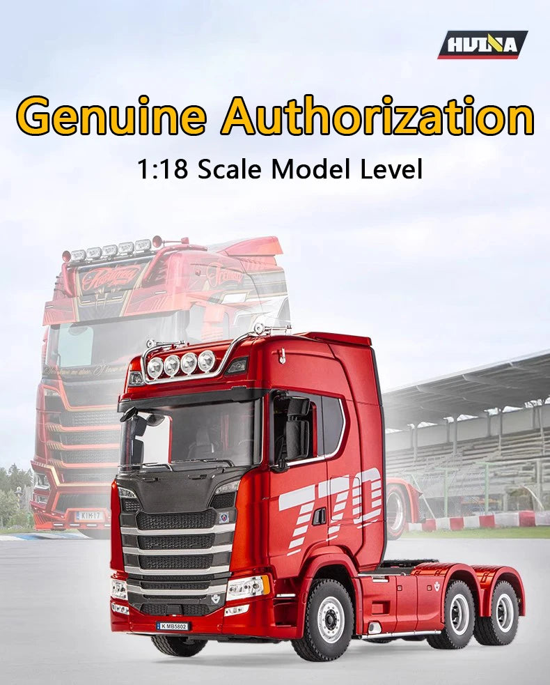 HUINA 1/18 19CH RC Truck 1501 770S Scania Alloy Tractor 2.4G Remote Control Engineering Trailer Truck with Light and Sound Toys.