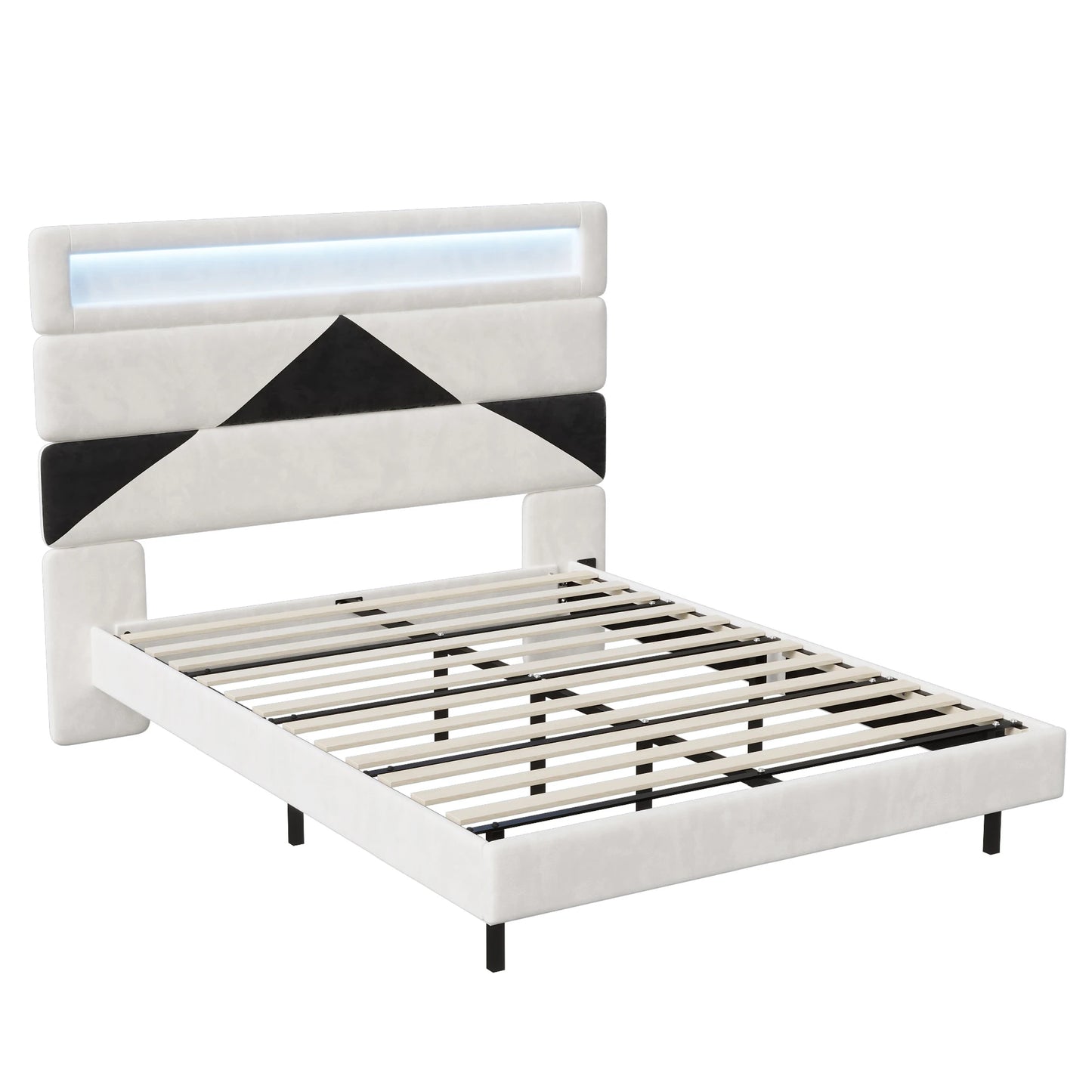 Anajqaqia Doppelbettgestell, 160 x 200 cm, verstellbares Kopfteil in Beige und Schwarz mit Lichtleiste und USB-Doppelladeanschluss