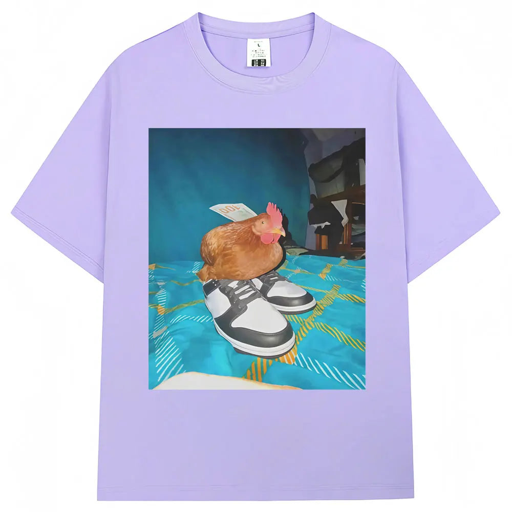 Funny Dripped Out Chicken Meme Print T-shirts Humor Chicken with Shoes Men Women T Shirt Creativity Popular Loose Cotton T-shirt.