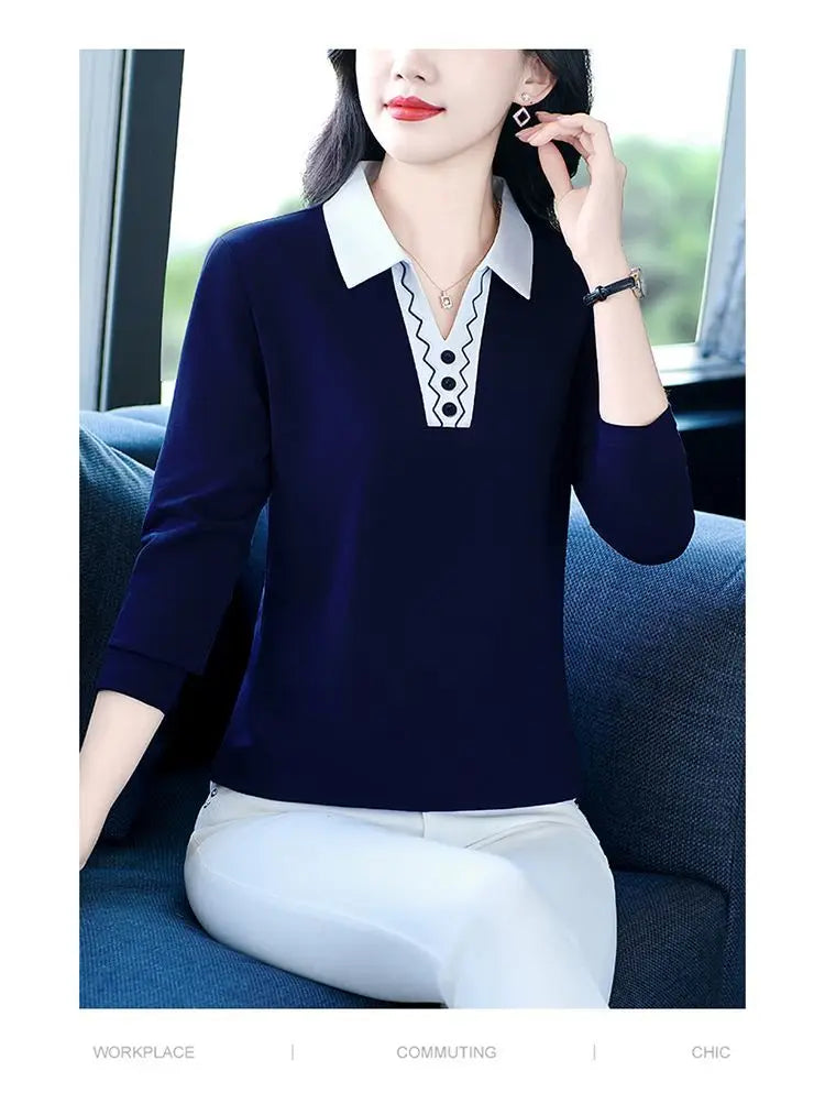 2025 Autumn New Women Clothes Office Lady Simplicity Patchwork Polo-Neck Top Tee Ladies Fashion Loose Buttons Long Sleeve Shirts.