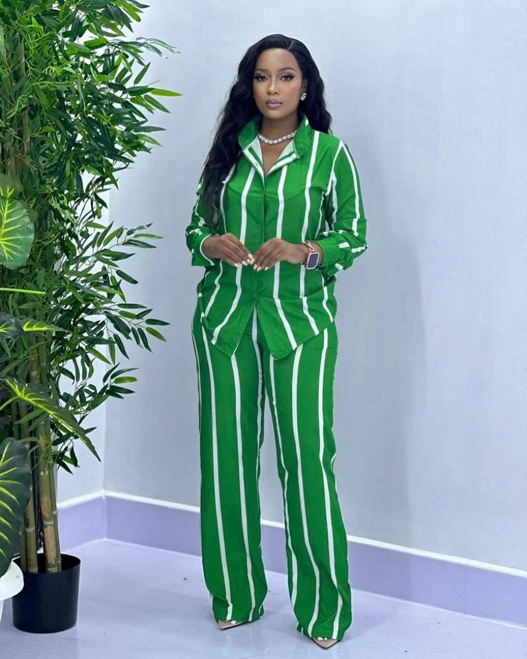 Fashion Striped Print Suit For Women Elegant Lapel Long Sleeved Shirt Elastic Waist Wide Leg Pants Two Piece Set 2024 Autumn New.