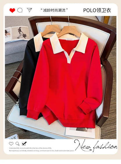 170kg plus size Damen büste Herbst lose Revers Langarm Sweatshirt schwarz rot 6xl 7xl 8xl 9xl 10xl 11xl.