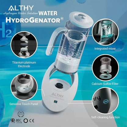 ALTHY Hydrogen Water Pitcher Generator Machine Bottle Jug Kettle SPE PEM Technology. Balanced Water PH Calcium Sulfite filter.