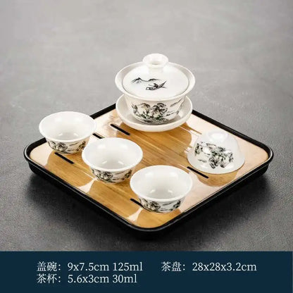 1 gaiwan 4 cups 1 teaboad Ceramic kungfu tea set household  one cover bowl four cups living room kungfu office reception.