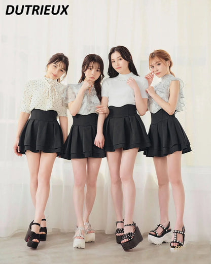 Japanese Lolita Black Skirts Women 2025 Spring Autumn New Radian Waistline Slim Short Pleated Skirt Female Mini Skirt Culottes.