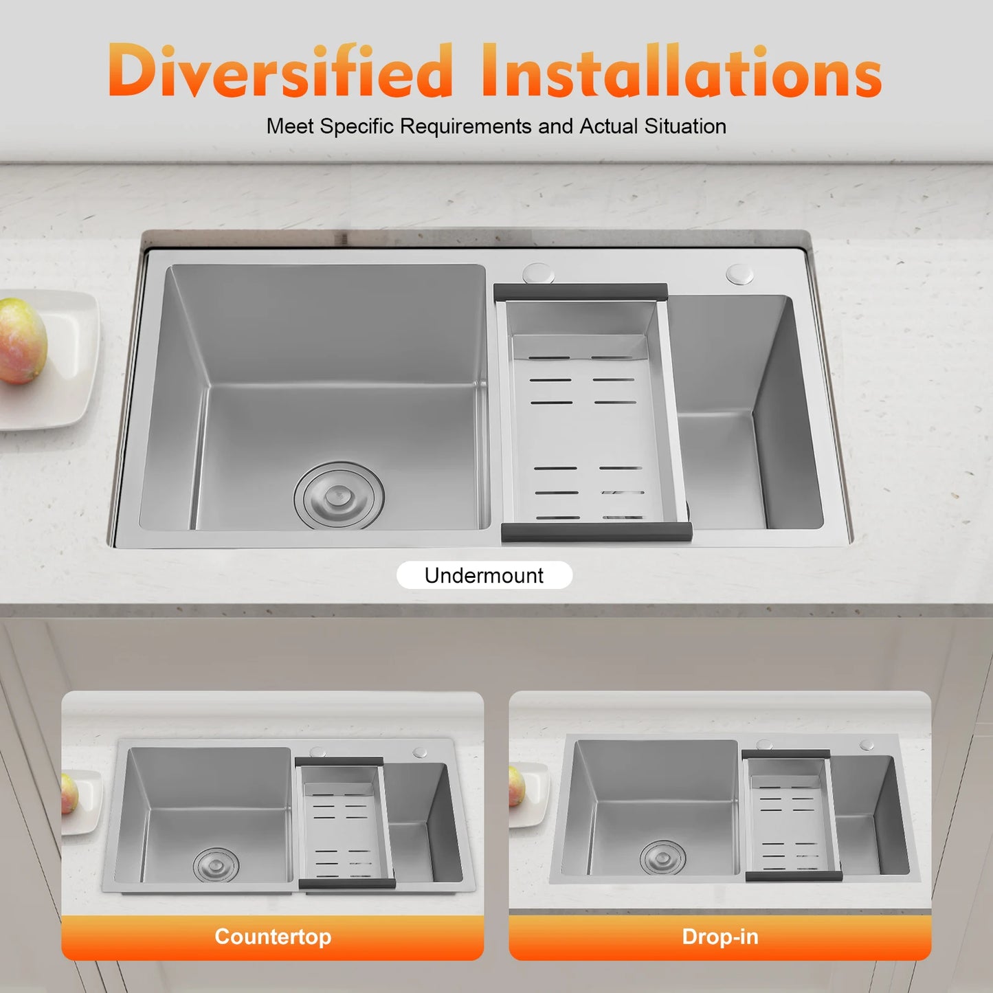 Küchenspüle aus Edelstahl, Doppelschüssel, Küchenspüle, Küchenspüle mit Abflusskorb für Garagen, Keller, Bars, Küchen