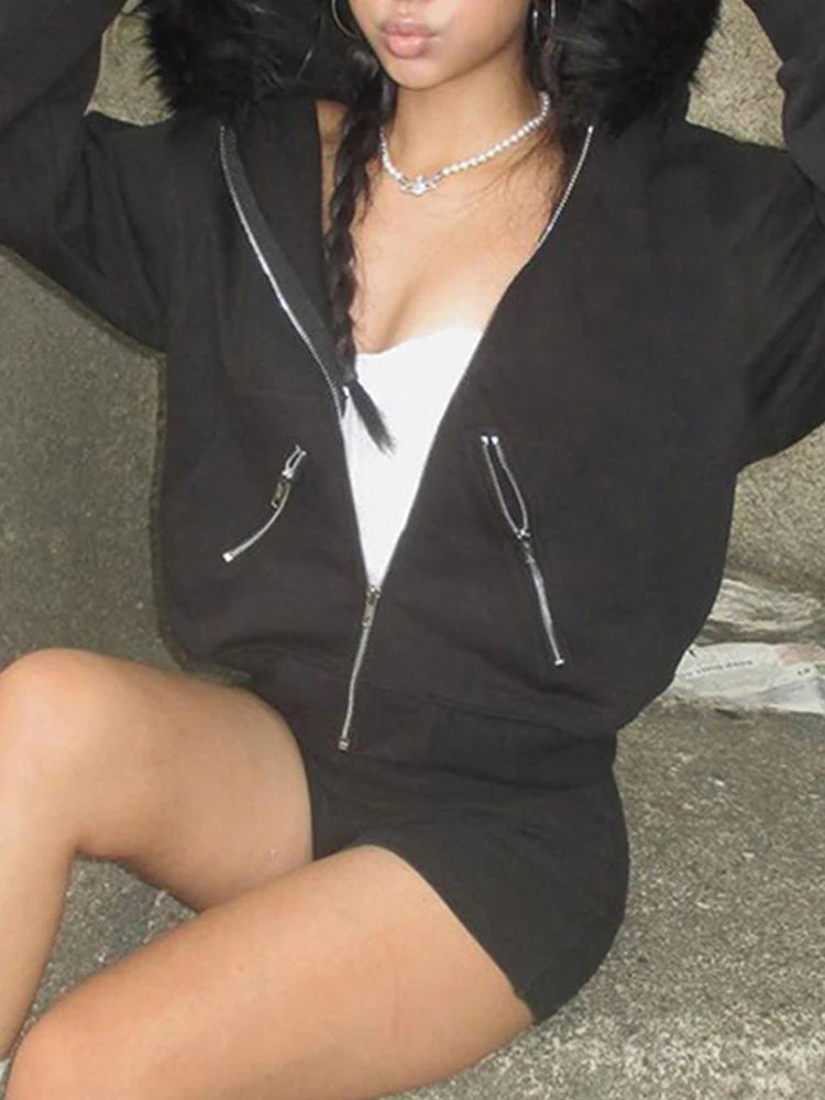 AltGoth Dark Academia Gothic Sweatshirt Women Streetwear Harajuku Vintage Y2k E-girl Cyber Punk Fur Collar Loose Cardigan Tops.