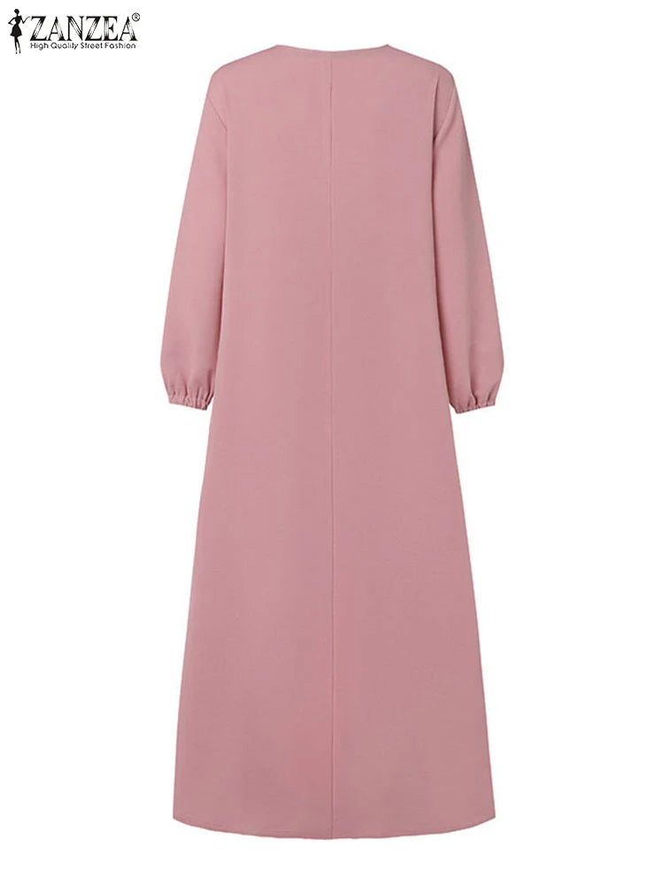 ZANZEA Muslim Casual Loose Long Dresses Textured O Neck Buttons Long Sleeve A-line Vestidos Women 2024 Islamic Hijab Abaya Robes.