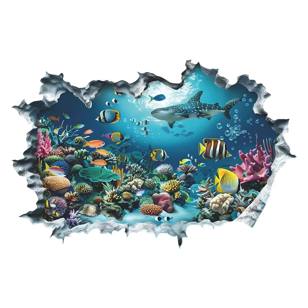 Sea View Mural Seabed Fish Shark 3D PVC Broken Wall Art Stickers Home Decoration for Room Ceiling Poster Floor Wallpaper.