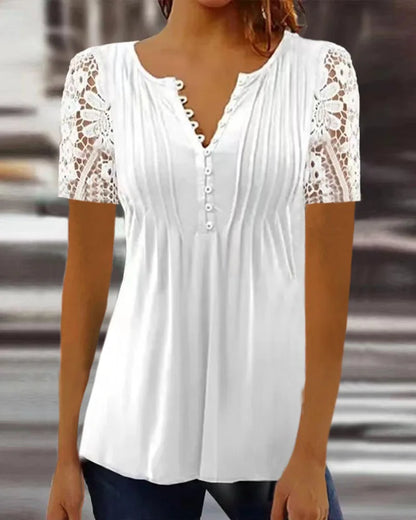 Summer Spring New Women's Loose and Comfortable Casual Lace V Neck Printed Blouse Floral Short Sleeve Elegant Fashion Shirt.