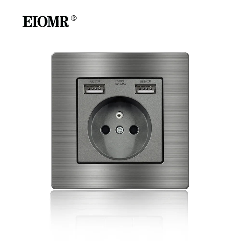EIOMR Frankreich Standard-Steckdose, graue Aluminiumlegierung, Lichtschalter, RJ45, Fernseher, 220 V, 16 A, Wandsteckdosen für Haushaltsgeräte