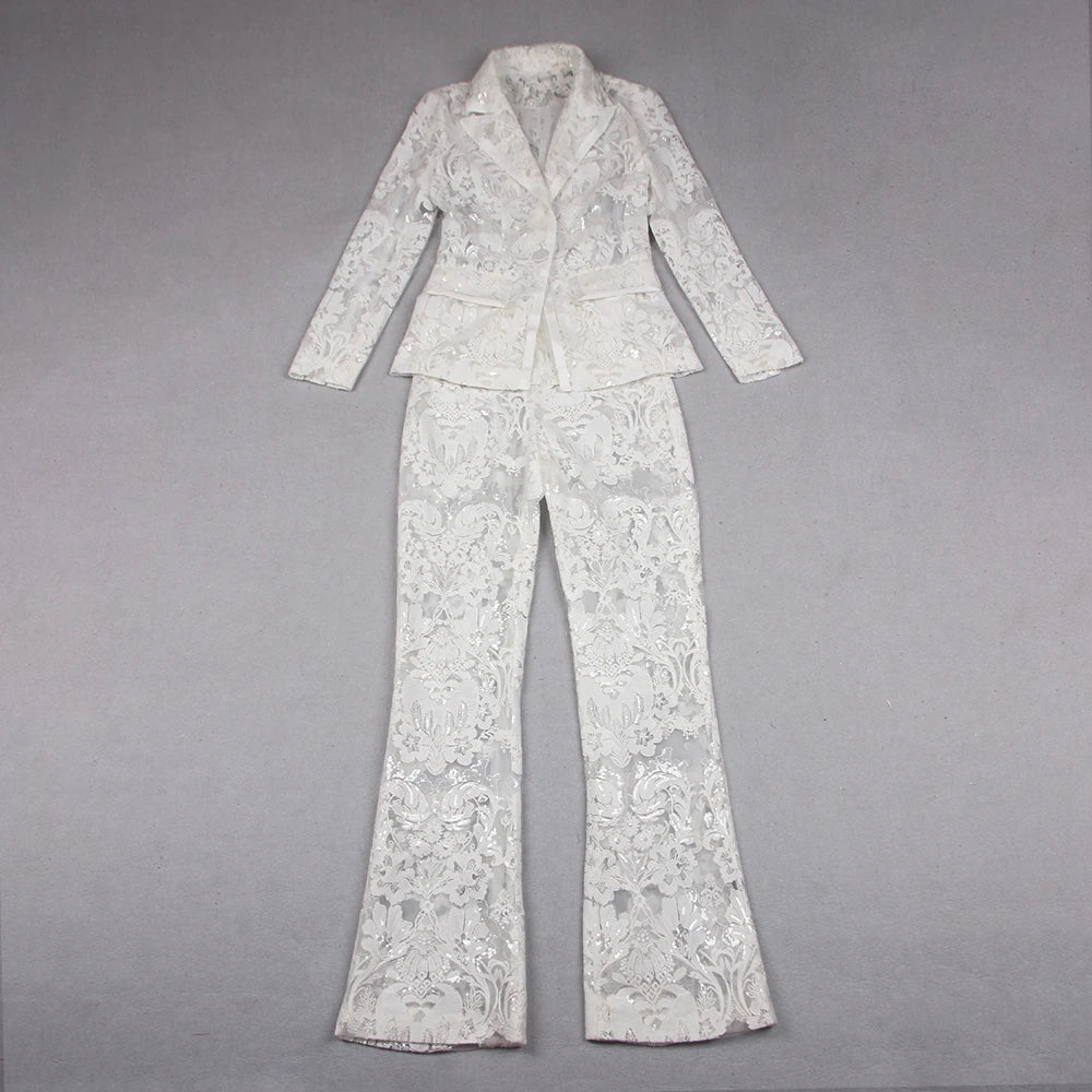 VC Pant Sets Women Fashion Sexy Hollow Out Tight Long Sleeves Blazer And Trousers Suit Mesh Outfits.