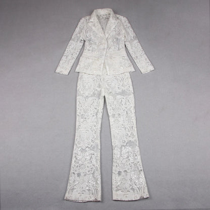 VC Pant Sets Women Fashion Sexy Hollow Out Tight Long Sleeves Blazer And Trousers Suit Mesh Outfits.