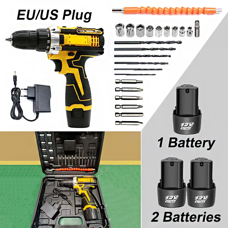 1 oder 2 Batterien Lithium-Bohrmaschine Elektroschrauber Handbohrmaschine Elektrowerkzeug-Set Multifunktionale Zubehörbox