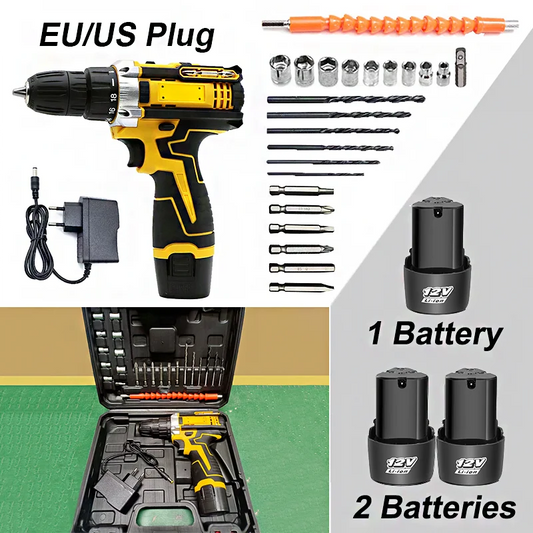 1 oder 2 Batterien Lithium-Bohrmaschine Elektroschrauber Handbohrmaschine Elektrowerkzeug-Set Multifunktionale Zubehörbox