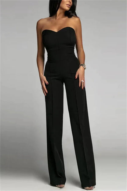 Elegant Straight-Leg Jumpsuit Women Spring Summer Solid Strapless Backless Slim Romper Office Lady One Piece Wide Leg Pant.