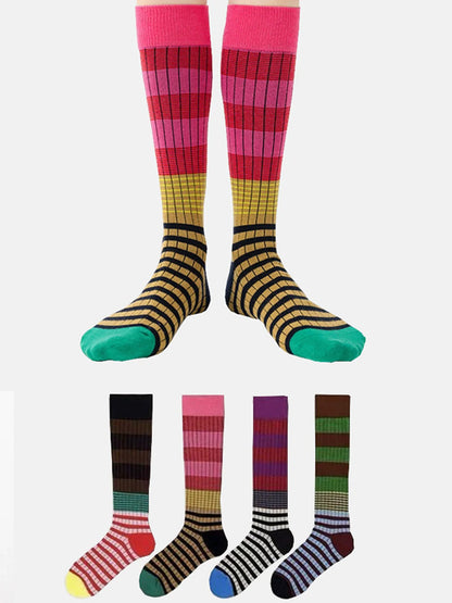 1 Pair Korean Style Women's Calf Socks Fashion Rainbow Stripes Socks Outdoor Sport Cycling Vintage Harajuku Middle Tube Long.