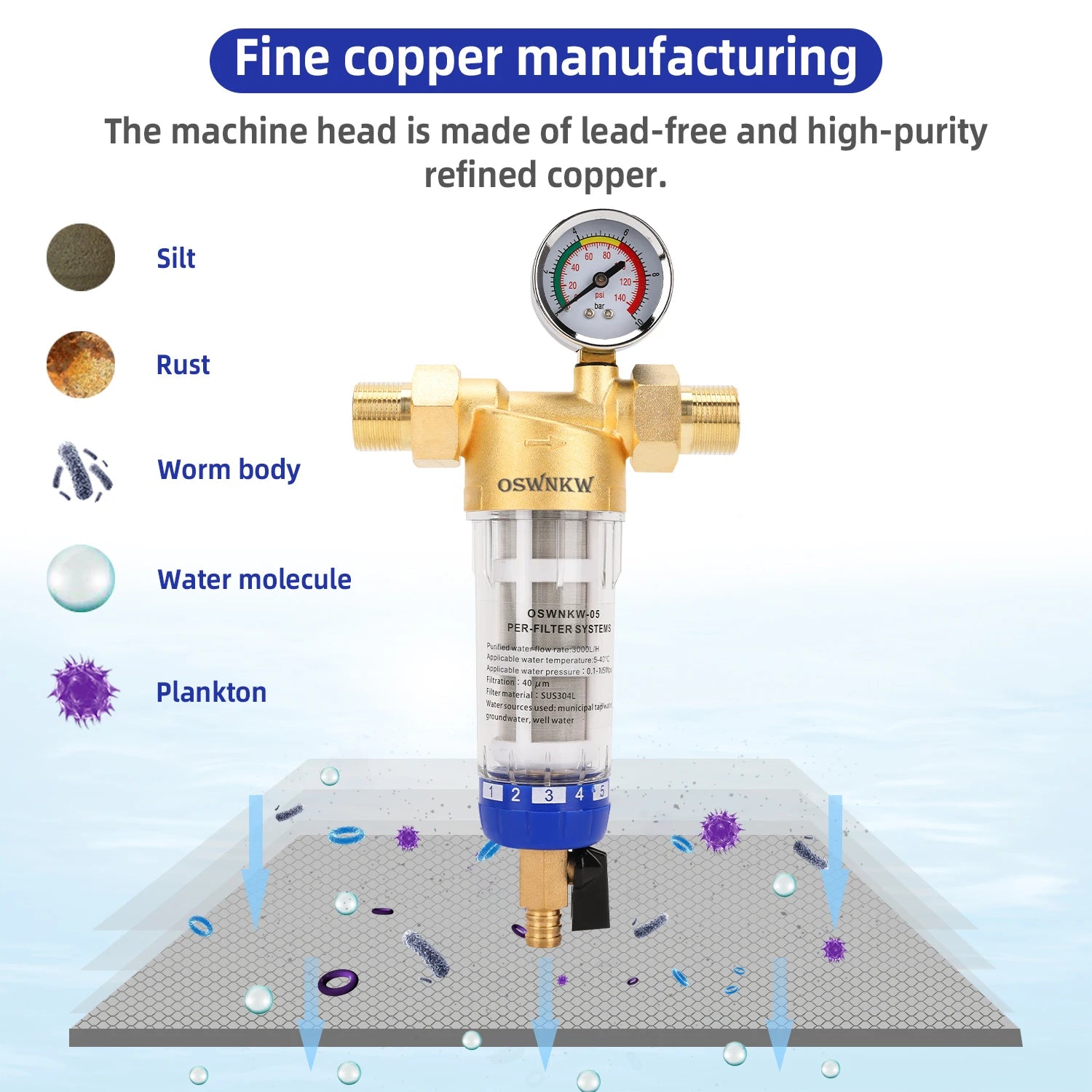 OSWNKW-05 Pre Filter Purifier Whole House Spin Down Sediment Water Filter Central Prefilter System Backwash Stainless Steel Mesh.