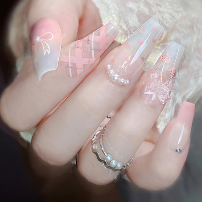 Blush Pink False Nails Bowknot Diamond Pearl 3D Design Press on Nail Tips with Harmless Smooth Edge Nails Woman DIY Fake Nails.