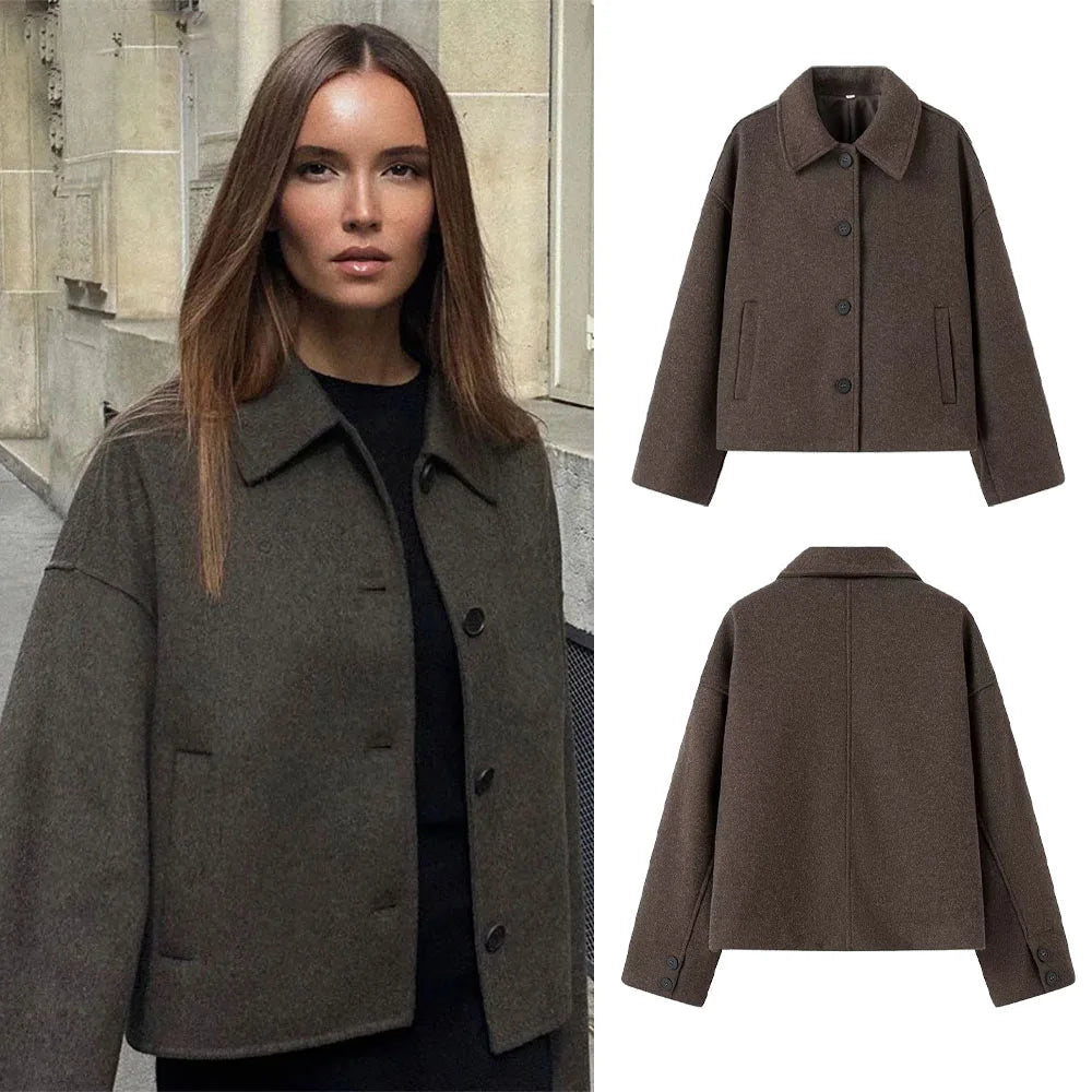 Woolen frauen Jacke Elegante Lose Langarm Turndown Einreiher Weiblichen Mantel 2024 Winter Mode Casual Dame Mantel.