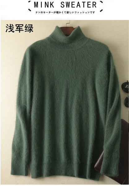 Men's 100% pure Mink Knitted Sweater Turtleneck Large Size Casual Pullover Autumn Winter New Base Shirt Men Warm High Lapels Top.