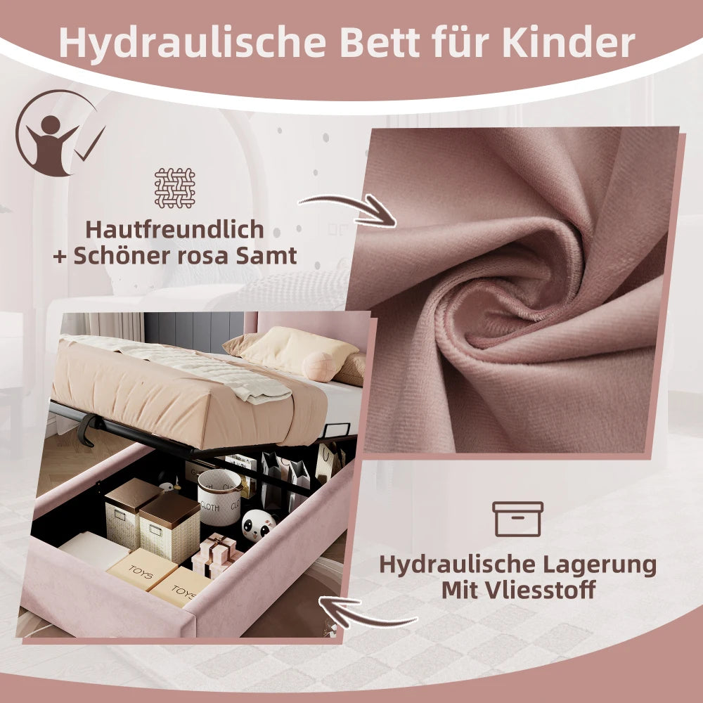 Rosa Samt-Einzelbett 90 x 200 cm für Kinder, Jungen, Mädchen, Kinderbettgestell, Kinderbett ohne Matratze