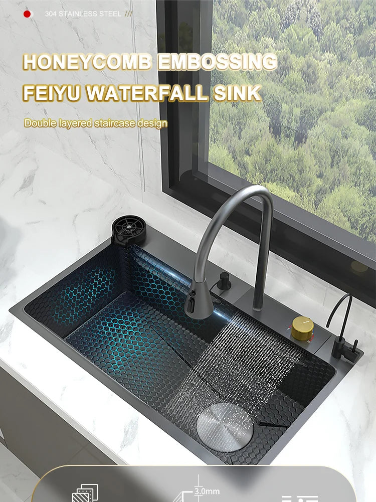 Waterfall Sink Kitchen Stainless Steel Topmount Sink Embossed Large Single Slot Wash Basin With Multifunction Tank Low Price