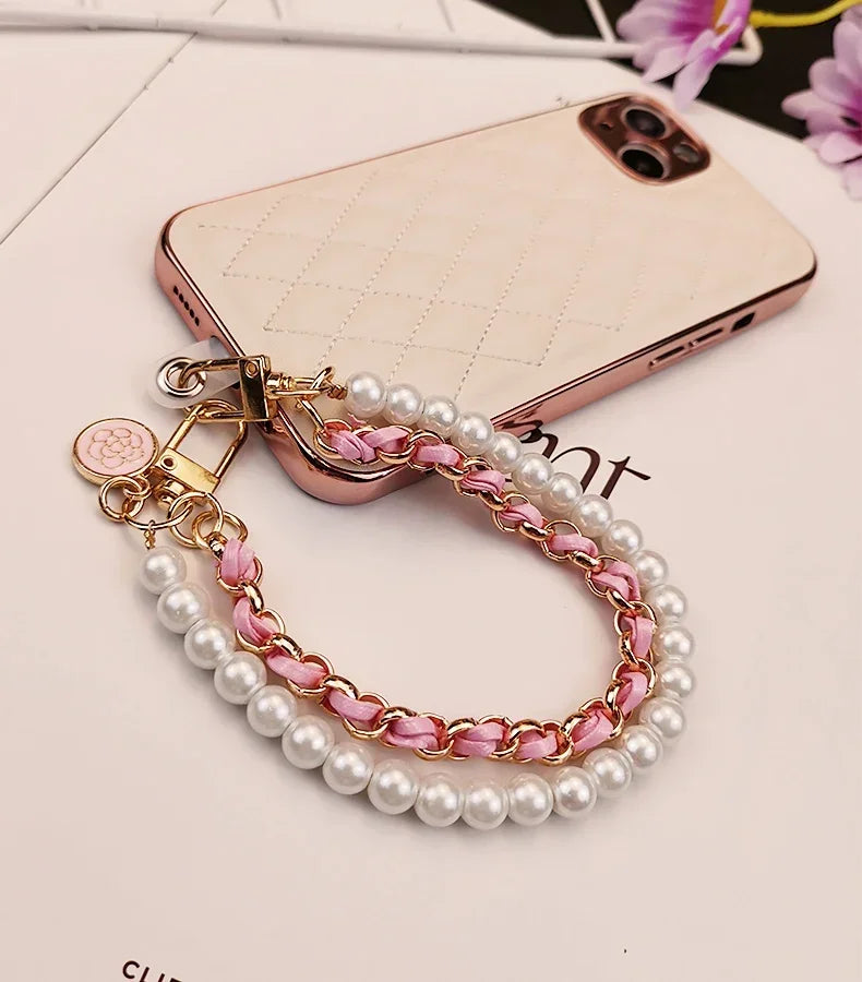 26cm Leather Pearl Camellia Mobile Phone Charm Bracelet Chain Anti-lost Universal Cell Phone Strap Rope Pendant Metal Key Chain.