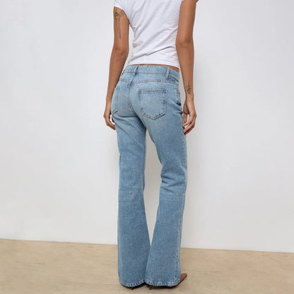 Fashion Womens Jeans Bottom Low Waist Zipper Button Solid Trousers with Pockets for Daily Casual Streetwear.