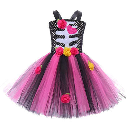 Halloween Kinder Kleid Cosplay Herz druck Skelett Kostüme Mädchen Blumen Schädel Tutu Kleidung Kinder Karneval Leistung Outfits