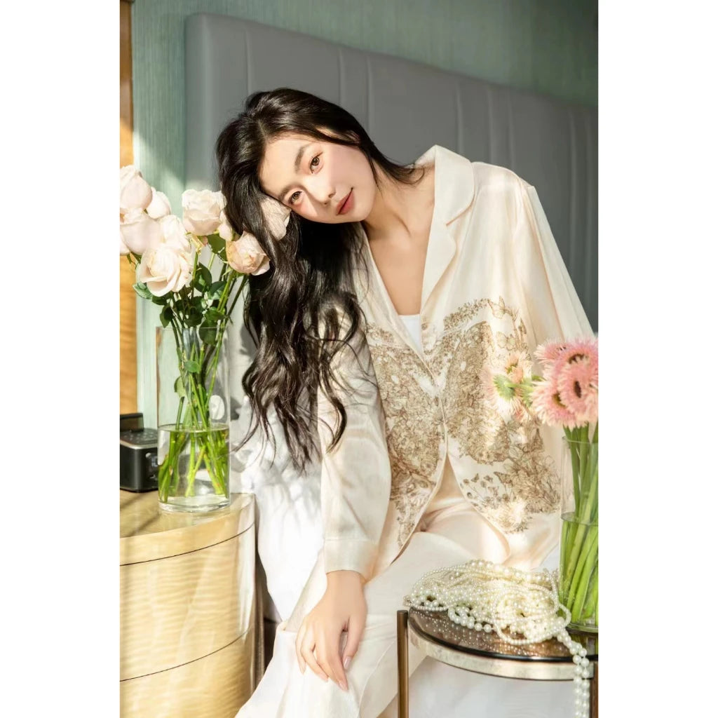 2024 New Sexy Butterfly Ice Silk Pajamas For Women Spring Long Sleeved Set Sleepwear.