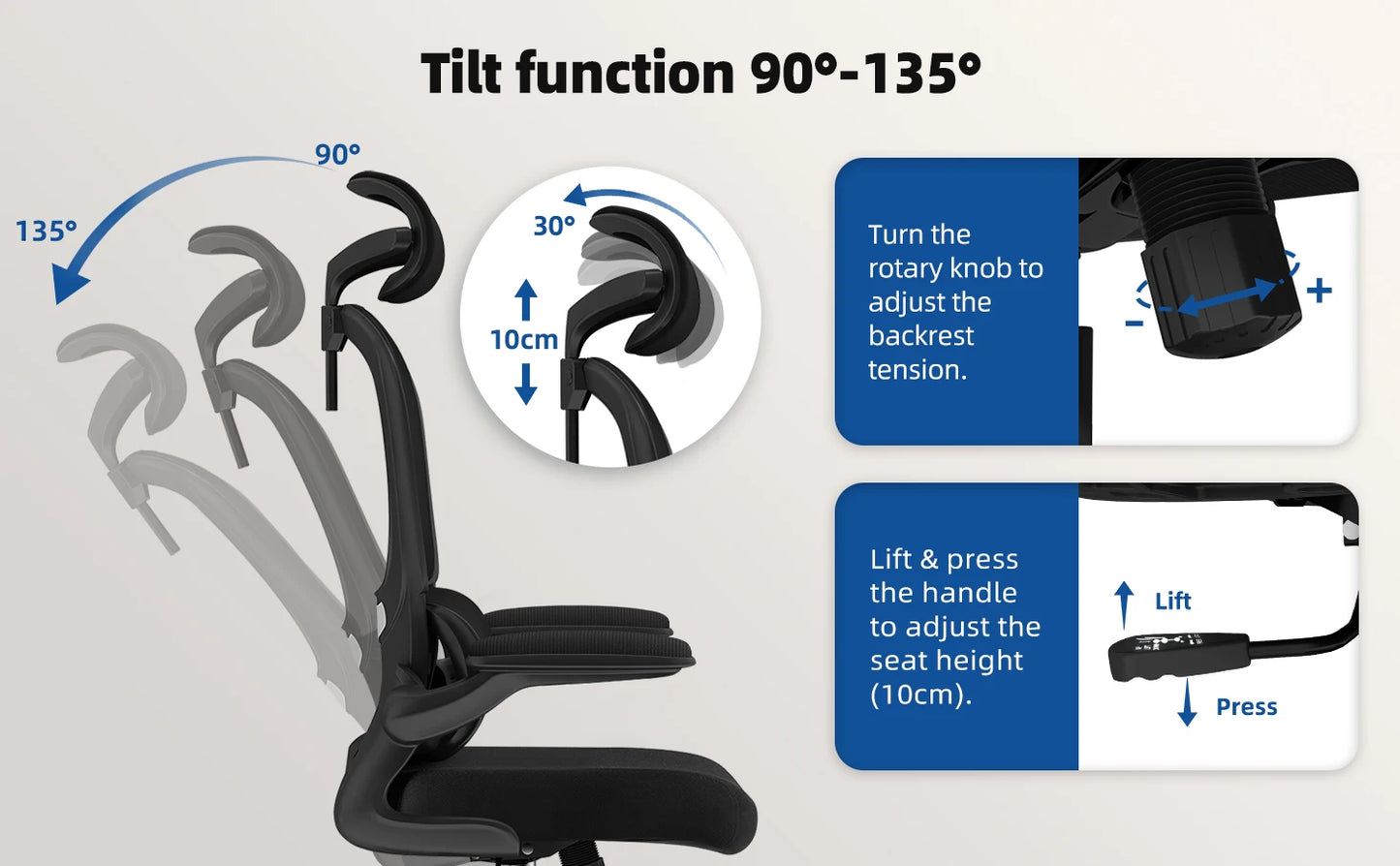 Daccormax Bürostuhl ergonomisch, Schreibtischstuhl, 150 kg Fassungsvermögen, verstellbare Kopfstütze und Armlehnen, Computerstuhl mit Lordosenstütze