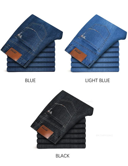Sommer Dünne männer Gerade Jeans Klassische Schwarz Blau Stretch Casual Business Baggy Denim Hosen Männliche Marke Hosen.