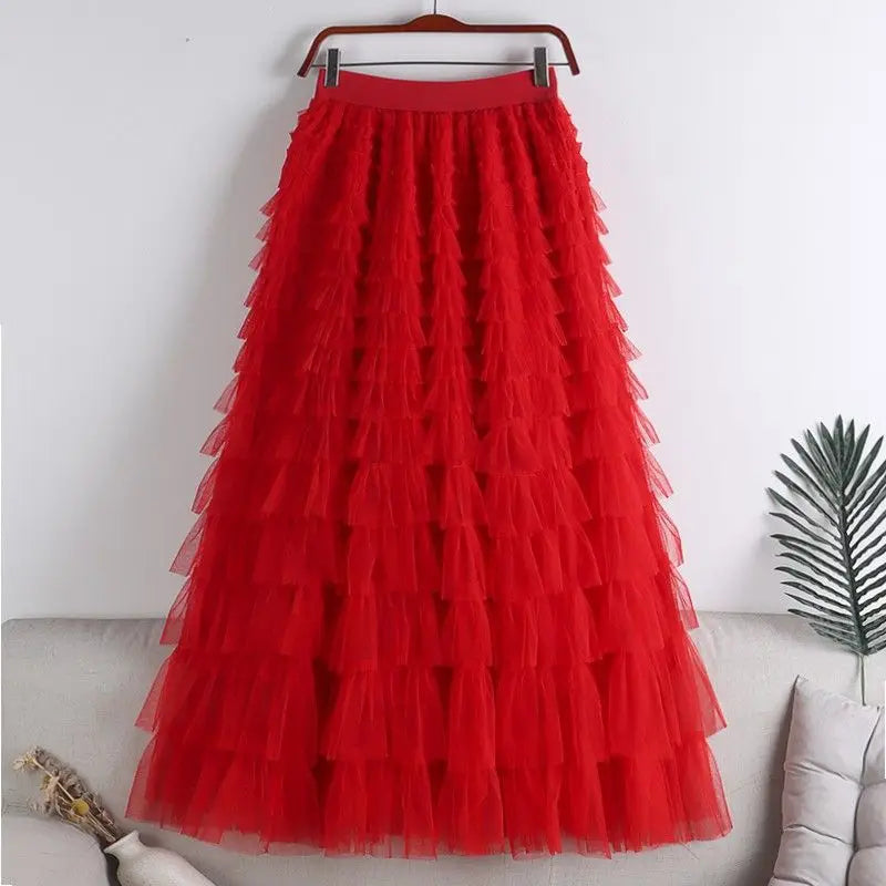 Chamliforve Women Tulle Mesh Skirt Elegant Elastic Waist Fairy Long A-line Tutu Skirt for Spring Summer Long Cake Skirt