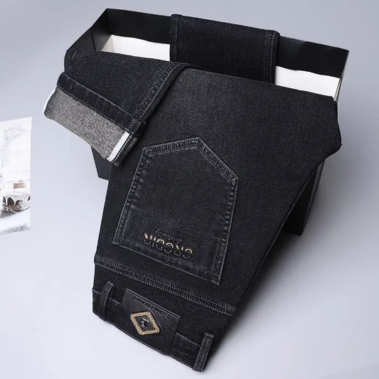 Autumn New Men's Business Jeans High Elasticity Straight Denim Trousers Men's Pants Work Clothes Haze Blue Black Gray Brand.