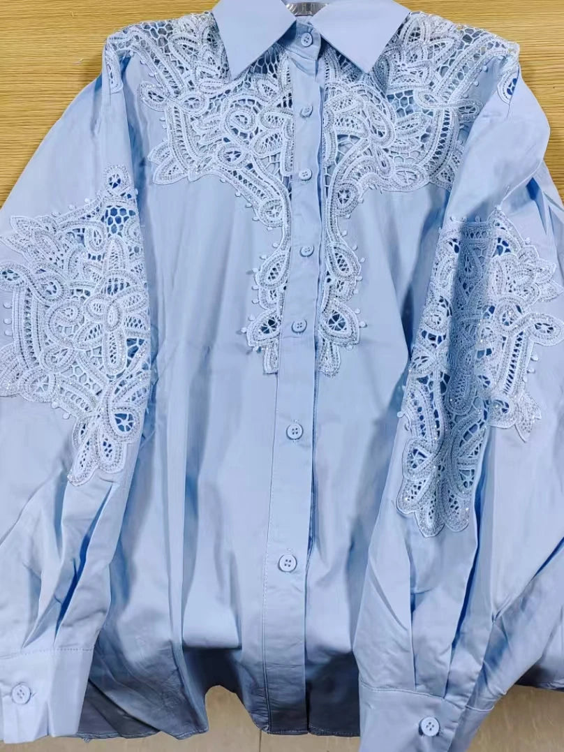 Luxury Brand Sparkle Sequins Hollow Out Embroidery Cotton Blue Blouses Shirts Women 2025 Fashion Long Sleeve Loose Casual Top.