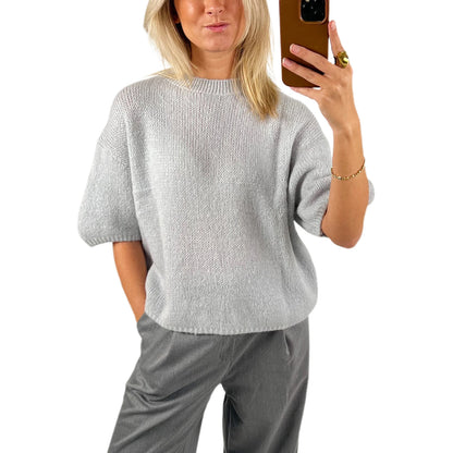 Damen Frühling Herbst Strickpullover Halbarm O Hals Einfarbig Lässige Strickwaren