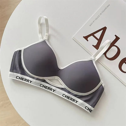 Summer Striped Lettering Light Face Gathered Anti-sagging Casual Black Bra No Scar Underwear Women No Steel Ring Bra.