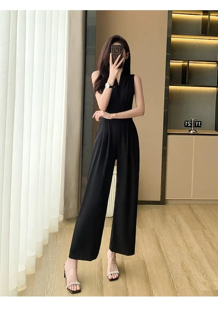Women's Wide Leg Jumpsuit Pants 2025 Summer New Casual Straight Tube Sports Overalls V-neck Sleeveless Bodysuit For Women Romper