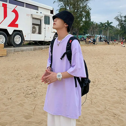 100% Cotton Half Sleeve Men Women Summer T-shirt Fashion Solid Color Simple O Neck Tops Loose Casual Basic Short-sleeved.