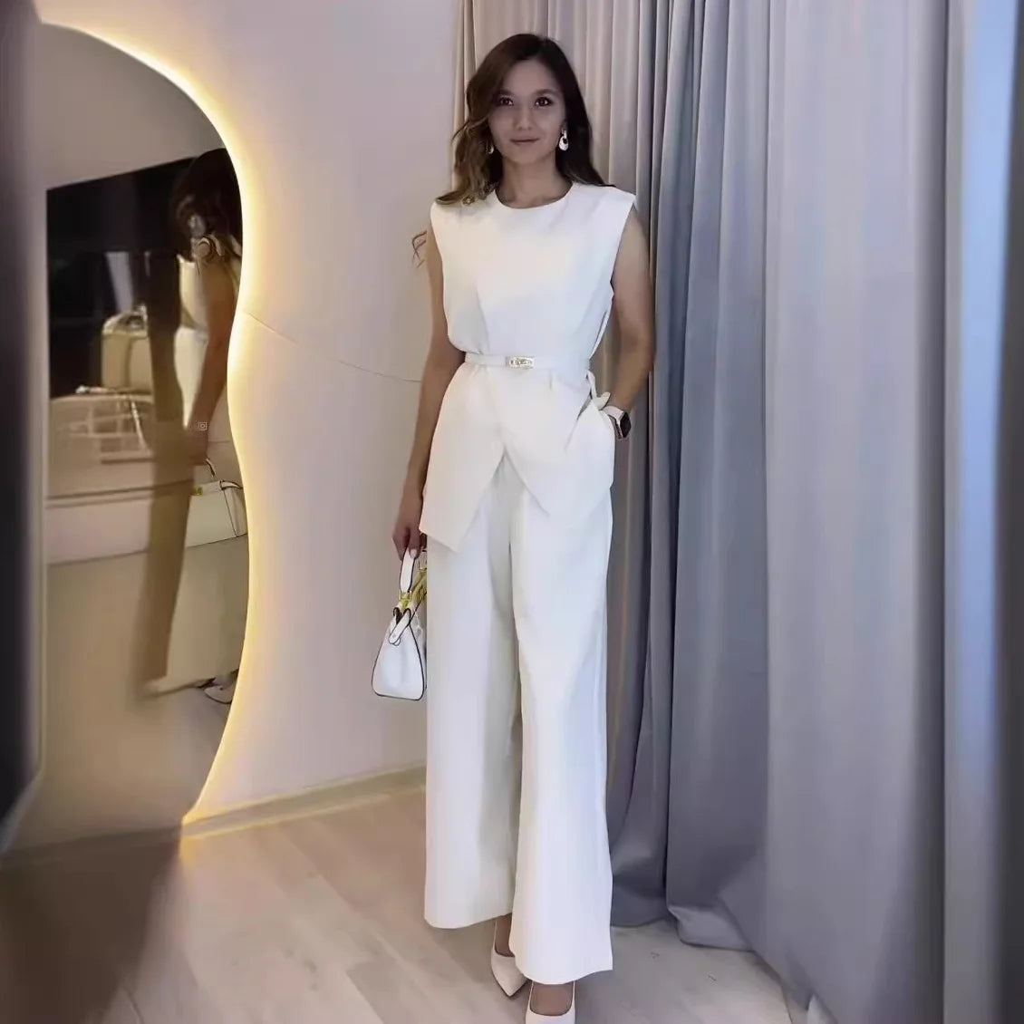 Women Women Piece Set High Waist Pocket Pant Sets Tops Solid Sleeveless Spliced Elegant Round Neck Top Suits Office Lady.