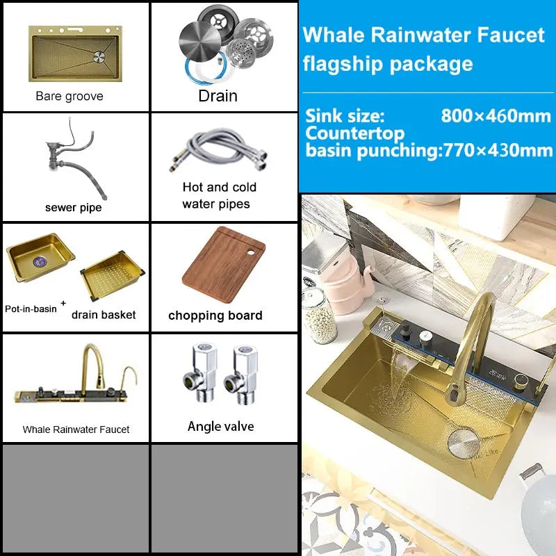 Golden Stainless Steel Waterfall Kitchen Sink Gold Embossed Extra Large Single Slot Digital Display Dishwashing Basin 100x50cm