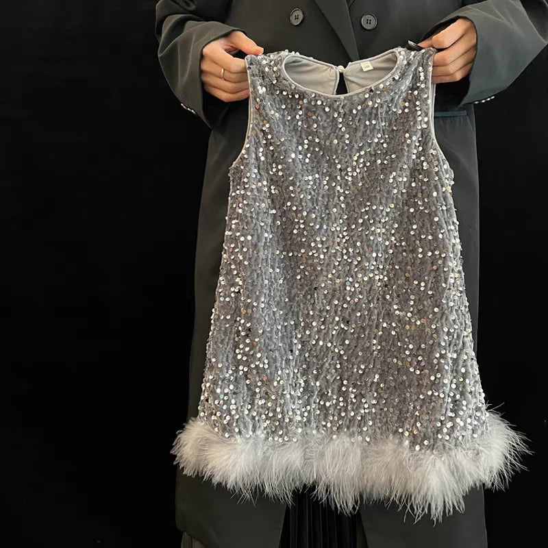 Pailletten Mädchen Prinzessin Kleid Grau Rundhals Ärmellose Feder Weste Kleid Kinder Geburtstag Party Kleid Performance Kleid.