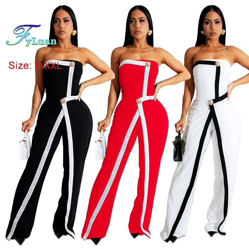 Elegant Sleeveless Wrap Chest Women's Button Strapless Irregular Jumpsuits 2025 One PieceWide Leg Outfits Night Club Streetwear.