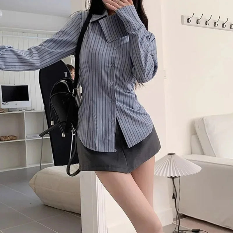 Korean Blue Striped Long Sleeve Shirt Jacket Women's Spring Design Waist Cinching Slimming Top Women Clothing.