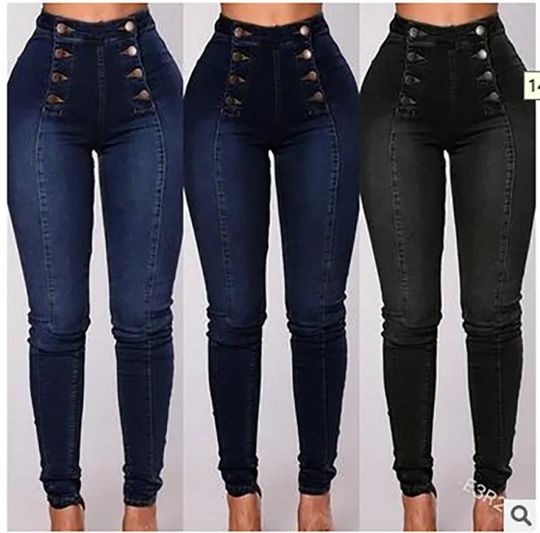 Denim Pencil Pants Women Vintage Jeans High Waist Washed Double Breasted Pockets Basics Ankle Length Trousers 2025 Streetwear.