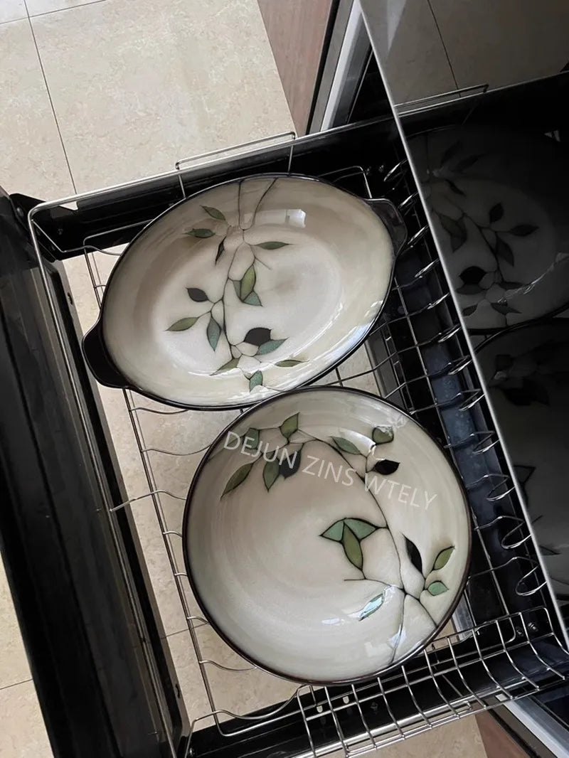 1Pc Vintage Bamboo Leaf Ceramic Bowl Salad Plate Exquisite Ceramic Cutlery Household Noodle Bowl Western Steak Cake Sushi Plate.