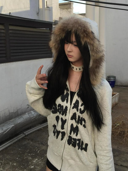 Korean Fashion Sweatshirts Harajuku Gothic Printed Coats Jackets Subculture Vintage Faux Fur Hooded Women Casual Y2k Clothing.